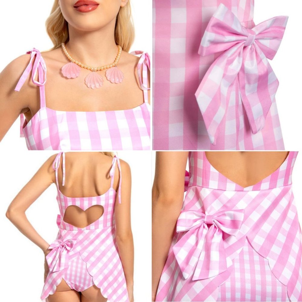 NWT Adorable Barbie Movie Pink Box Gingham Plaid Romper Halloween Costumes - Picture 4 of 12